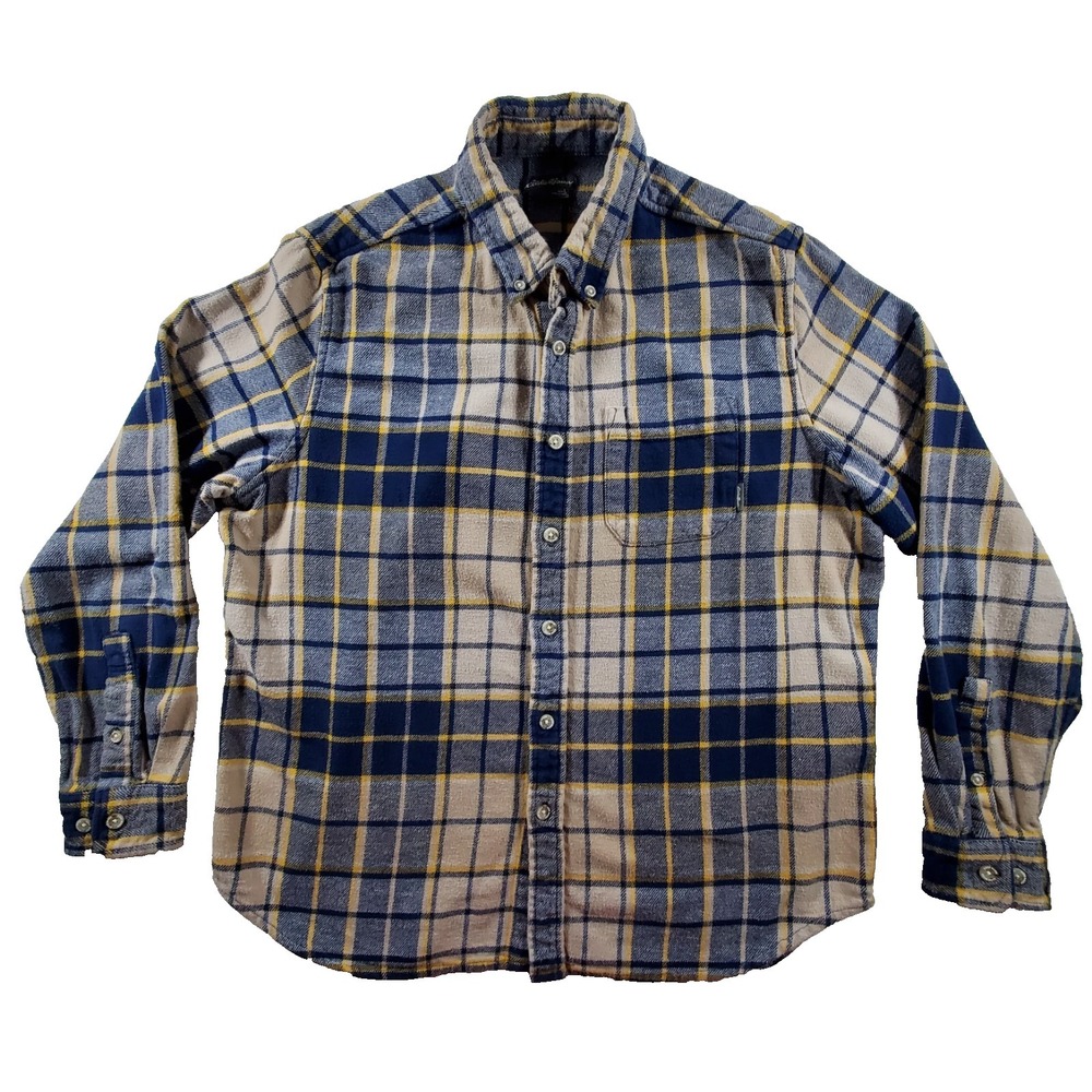 Eddie Bauer Plaid Flannel Shirt Men's L Blue Yellow Button Down